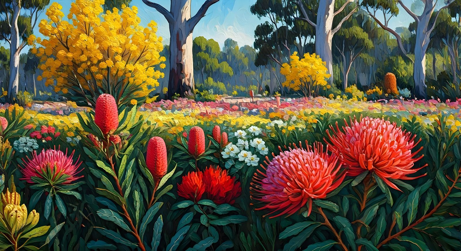 Australian Bush Scene in Vibrant Wildflowers and Trees