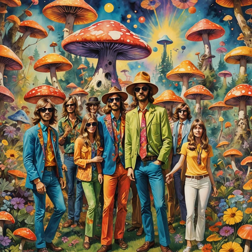 1960's psychedelic party atmosphere, guests clad in iconic bell-bottoms and vivid tie-dye shirts, surrounded by towering...
