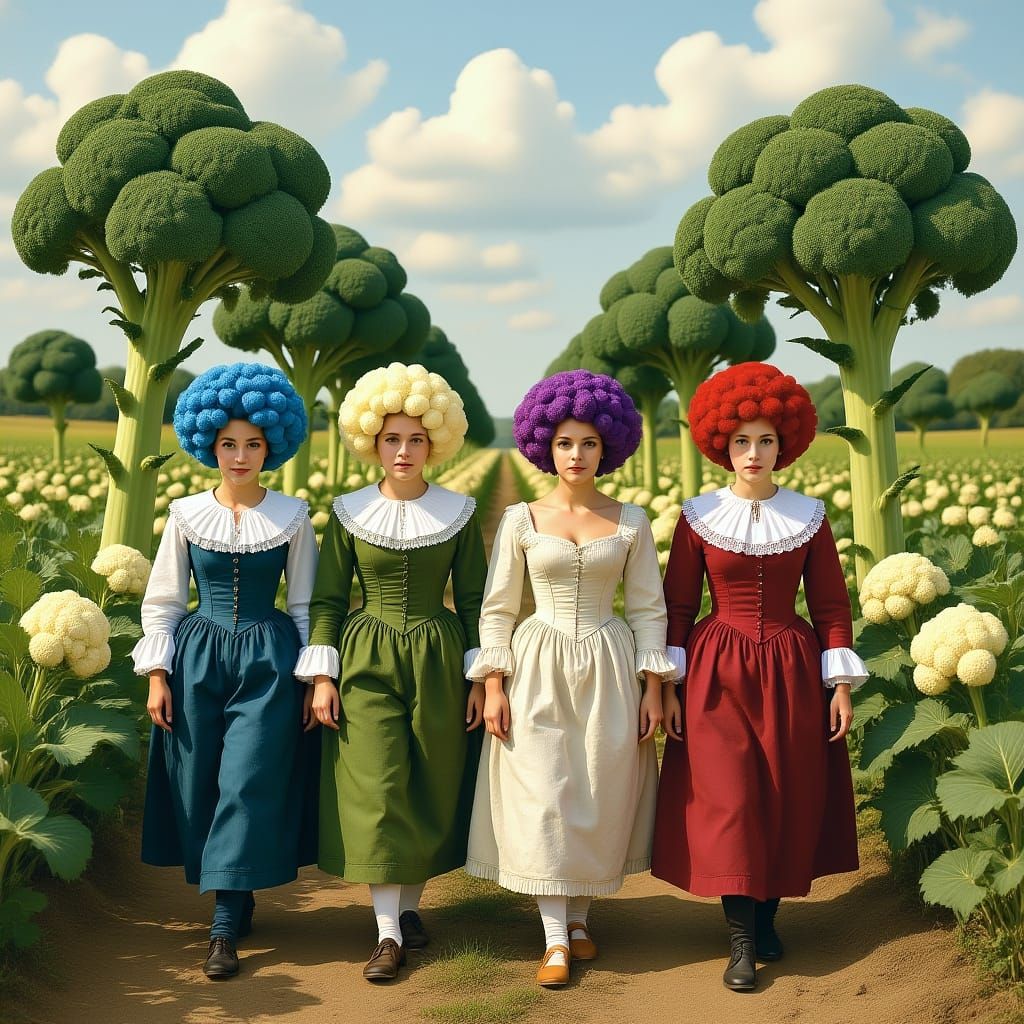 Four Colorful Farmers Beneath Giant Broccoli Trees