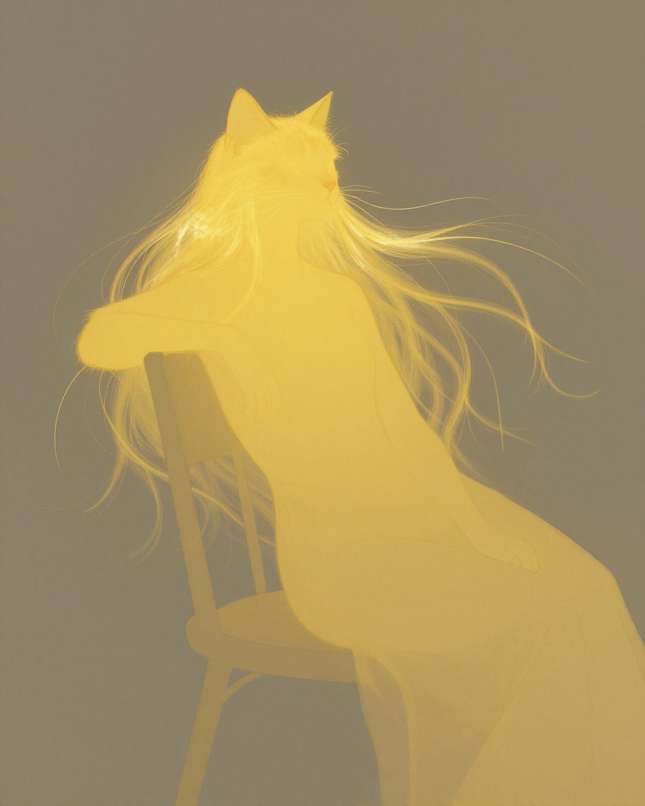Abstract Minimalist Cat Artwork in Shades of Yellow