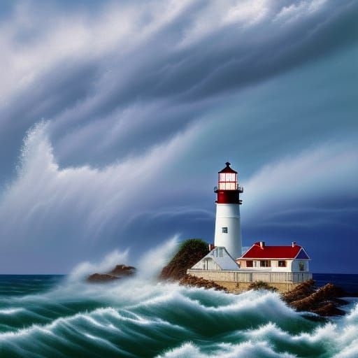 Stormy Lighthouse Impressionistic Seascape Painting