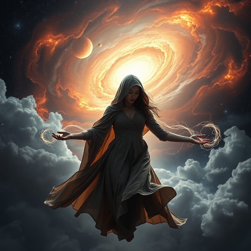 Ethereal Woman Floating in Cosmos Big Bang Scene