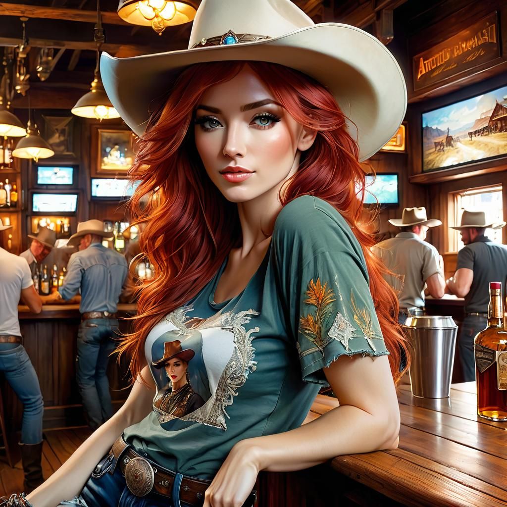 Red Haired Woman in Western Bar, Anime Style
