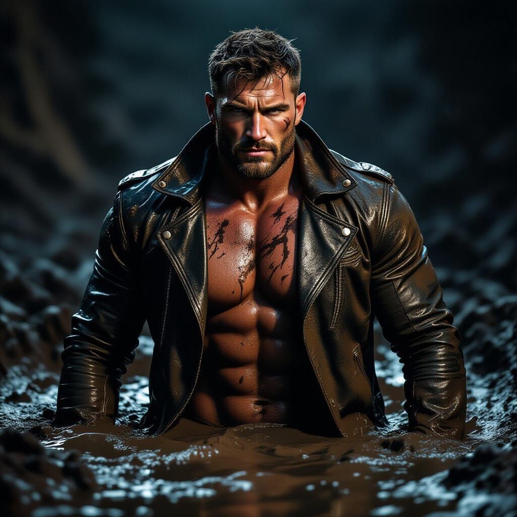 Rugged Man Sinks in Mud with Determined Expression