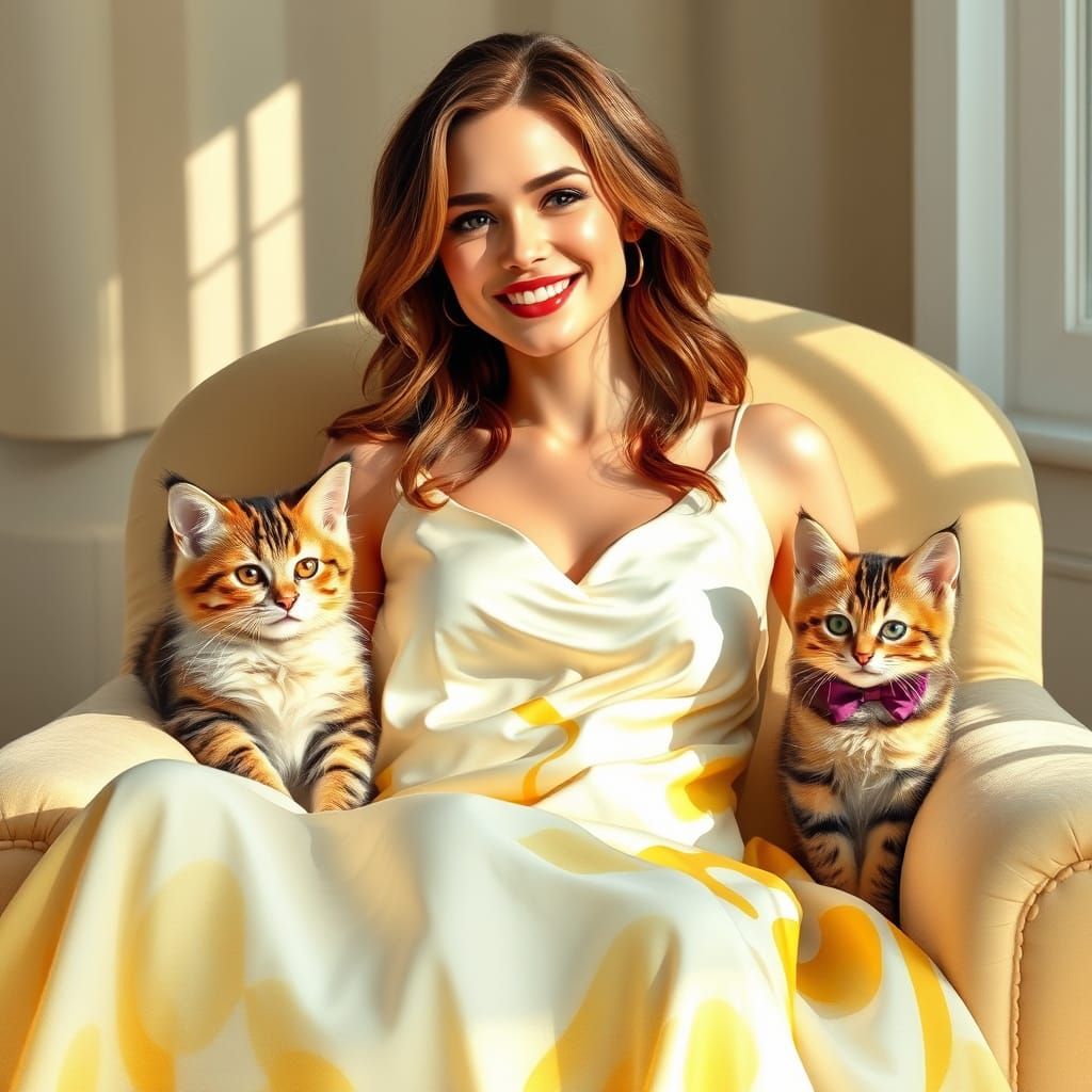 Woman with Kitten in Morning Sun: Digital Art