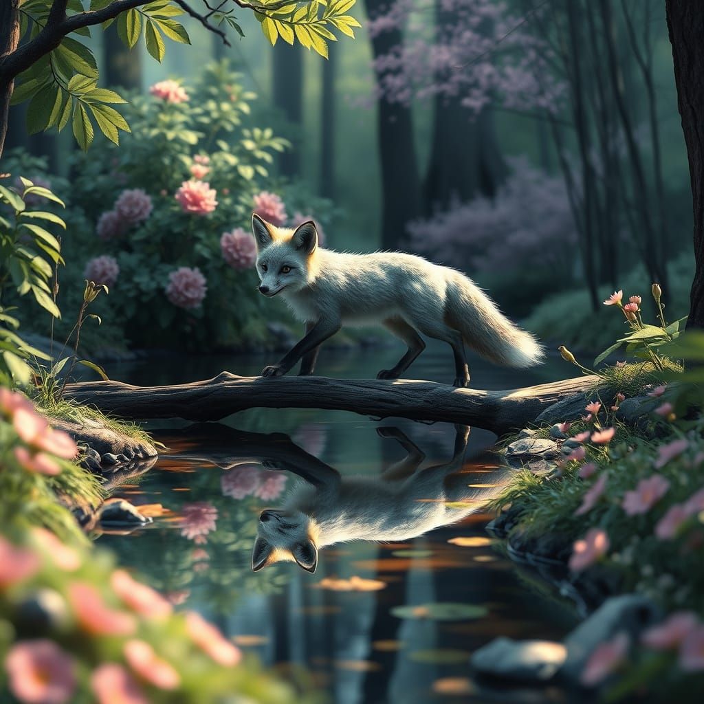 Grey Fox Crossing Stream in Watercolor Storybook Style