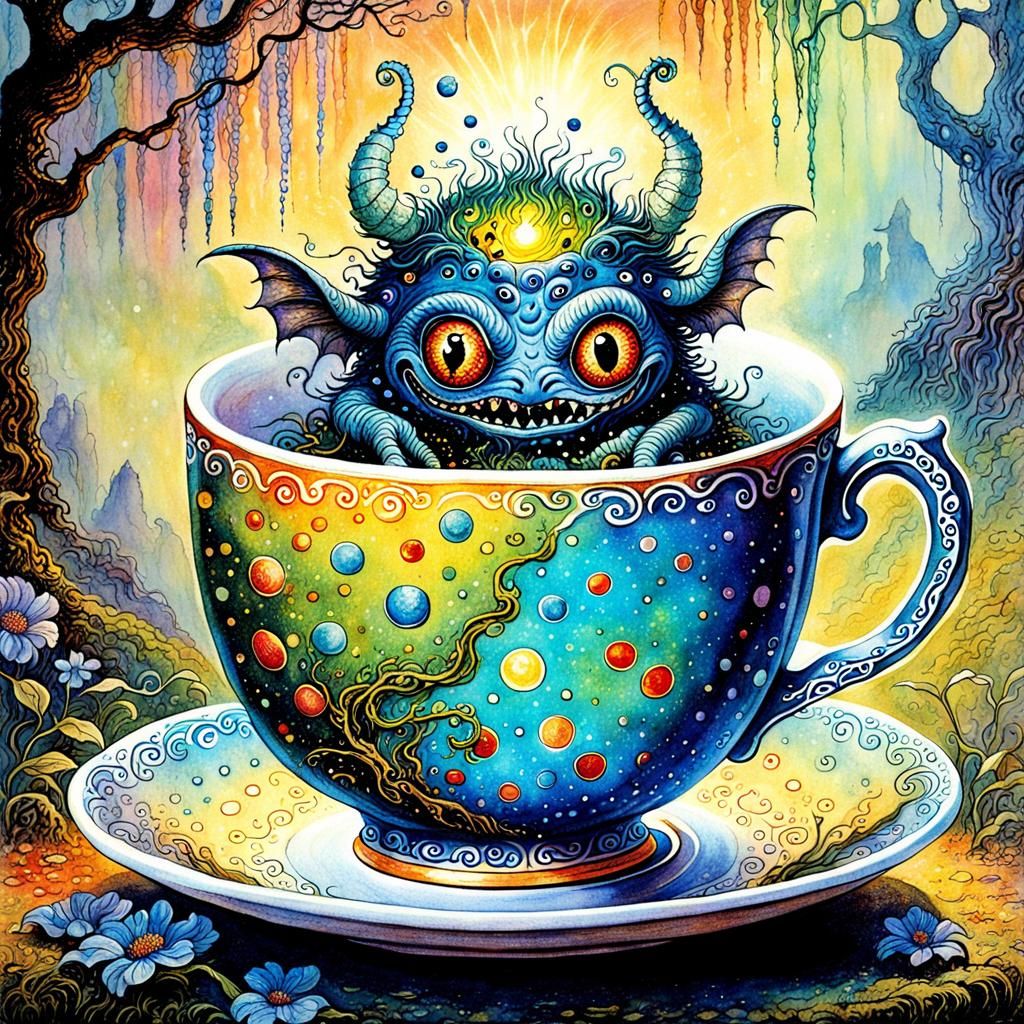 Dot Art Teacup Monster Woodblock Print