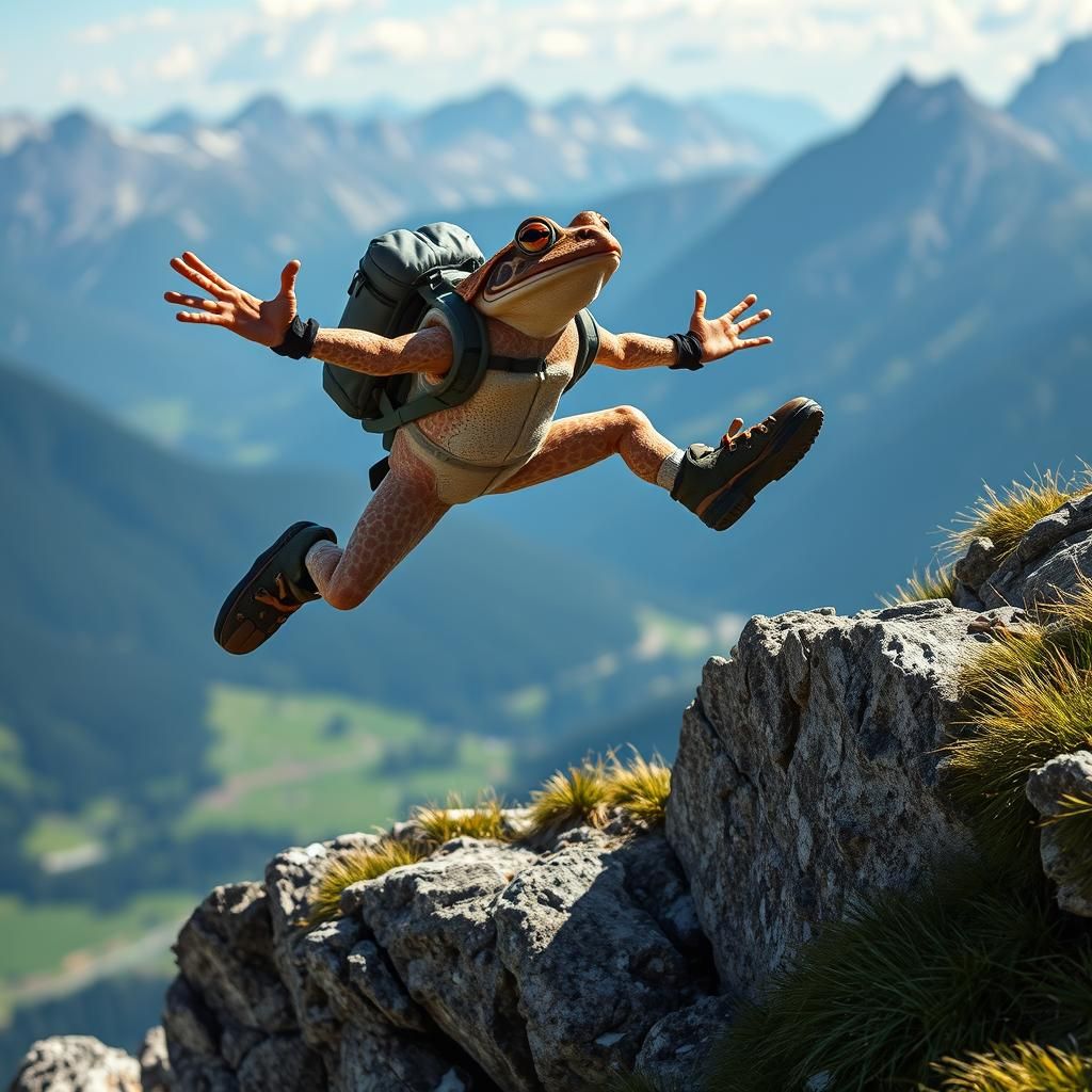 Humanoid Toad Hiker Leaping in the Alps