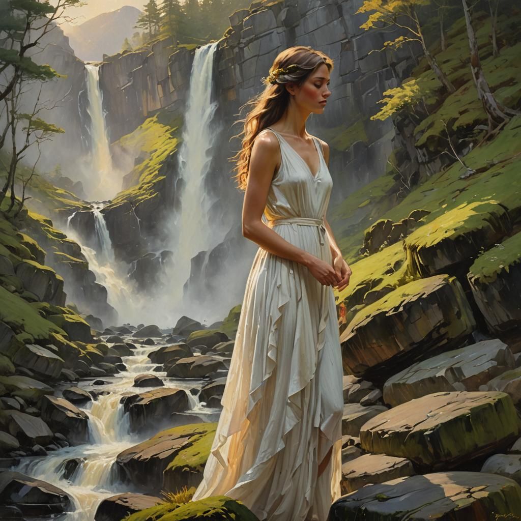 Woman by Waterfall: Impressionist Realism Oil Painting