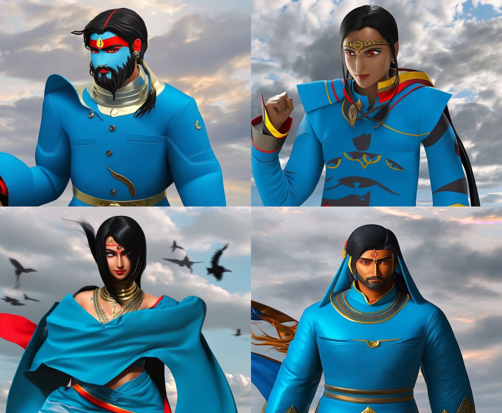 Hyperrealistic Hindu Figure in Cyan and Scarlet