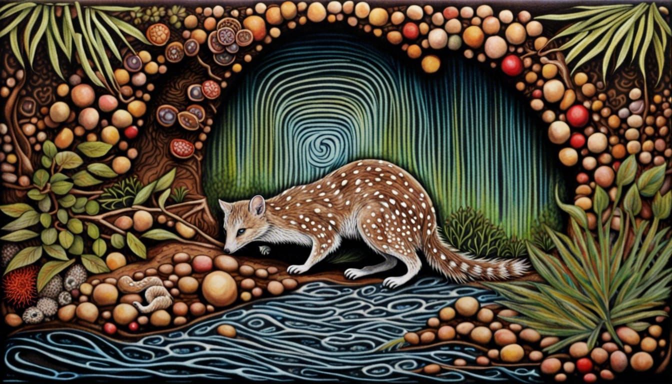 Waterfall Portal with Australian Fauna in Quantum Zentangle