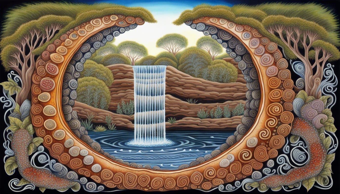 Waterfall Portal with Australian Wildlife in Quantum Style