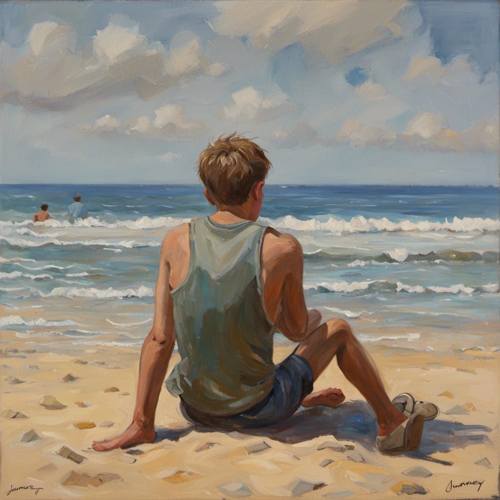 Teenage Boy's Beach Envy, in Oil Painting Style