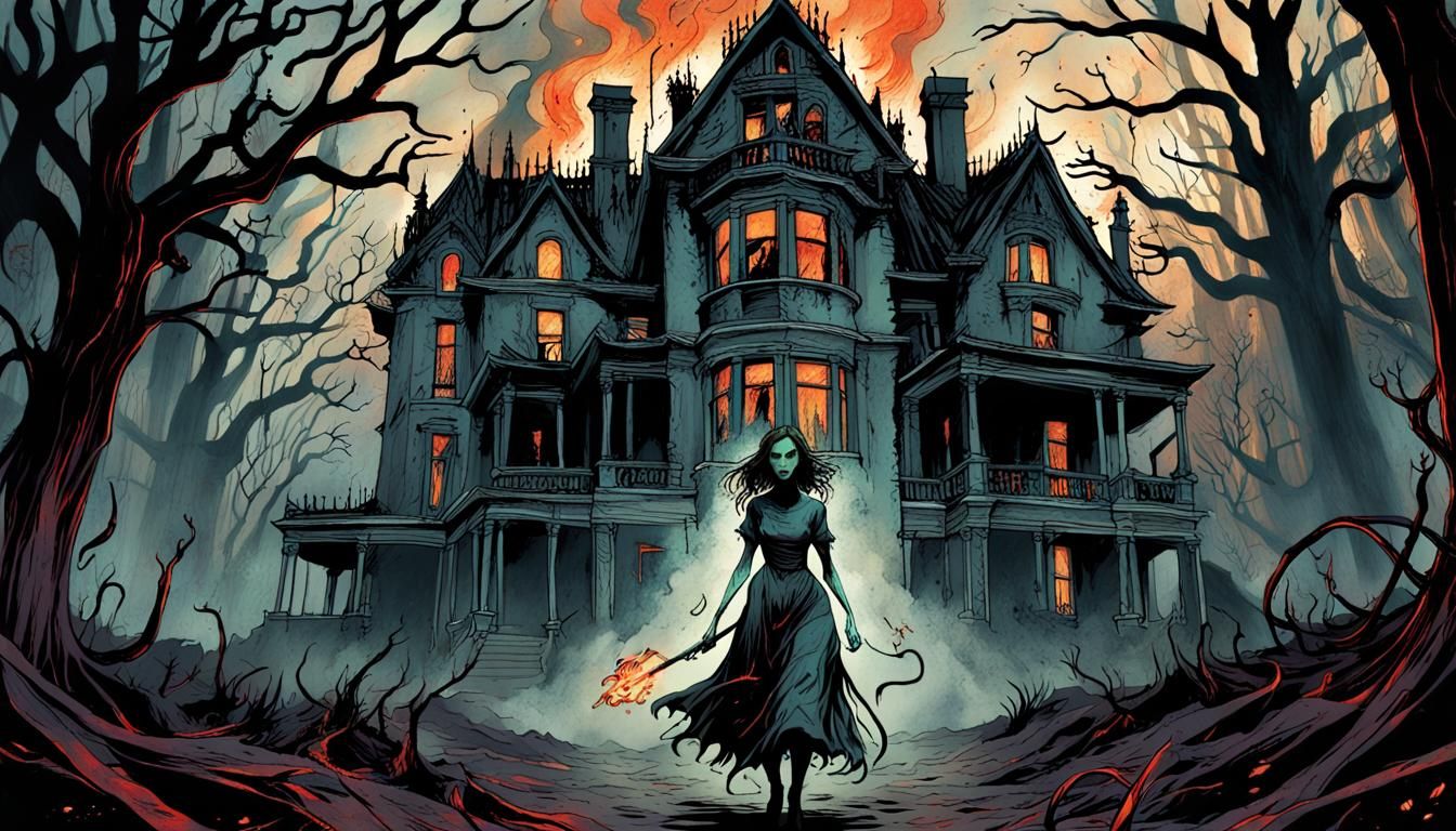 Eerie Horror Illustration: Spectral Girl in Haunted Mansion