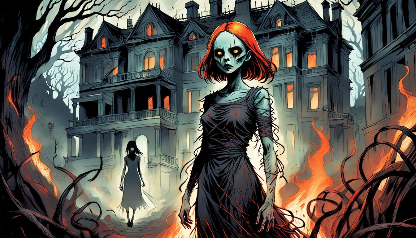 Eerie Horror: Spectral Girl in Haunted Mansion