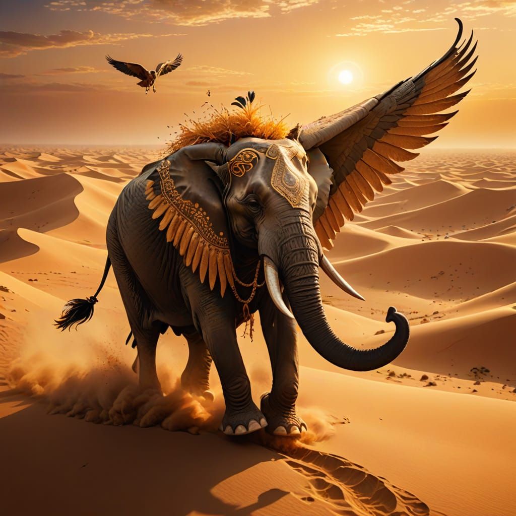 Rukh Bird Carries Elephant Over Desert