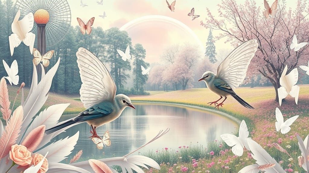 Whimsical Birds Dance in Dreamy Pastel Landscape