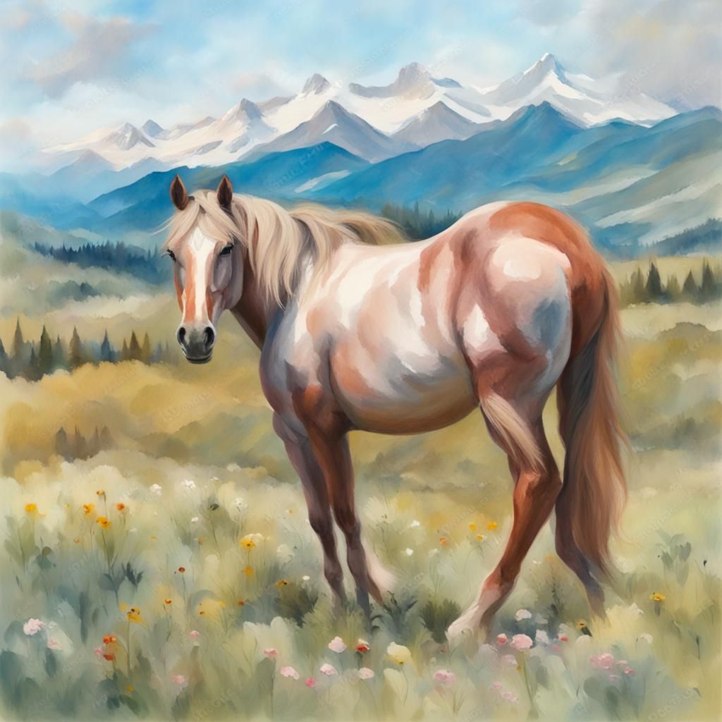 Horse in Meadow: Gouache and Watercolor Impressionism