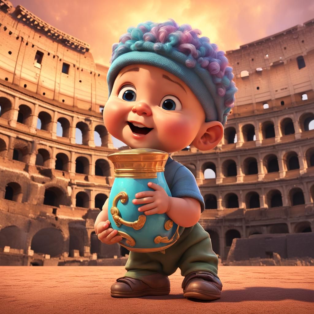 Giant Baby in Rome: Pixar-Style 3D Art