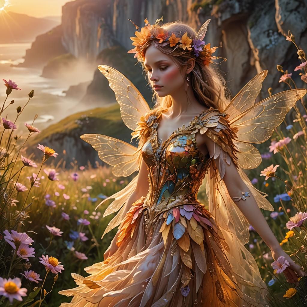 Cliff Fairy in Enchanted Flower Field at Sunrise