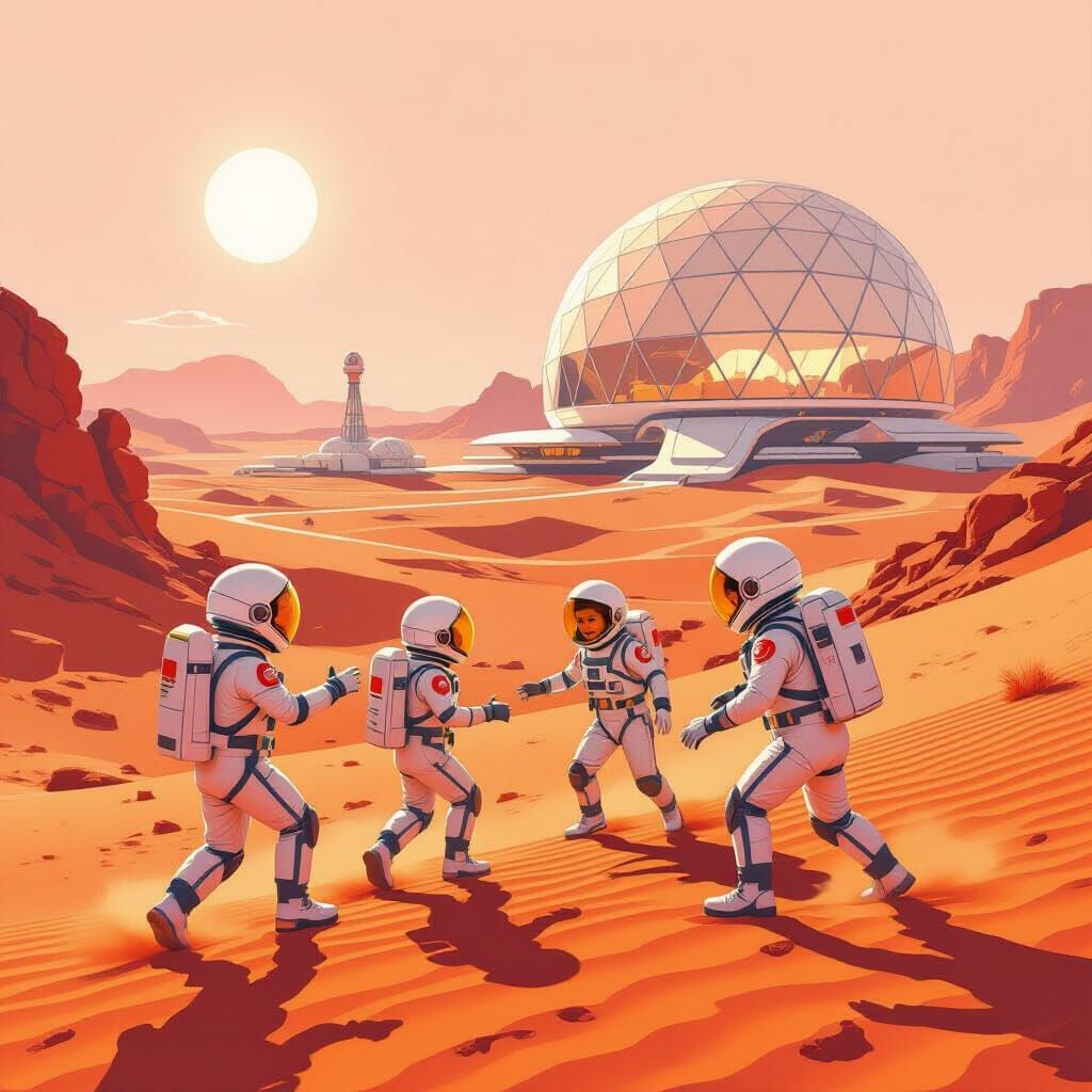 Children Play Tag on Mars in Retro-Futuristic Space Suits