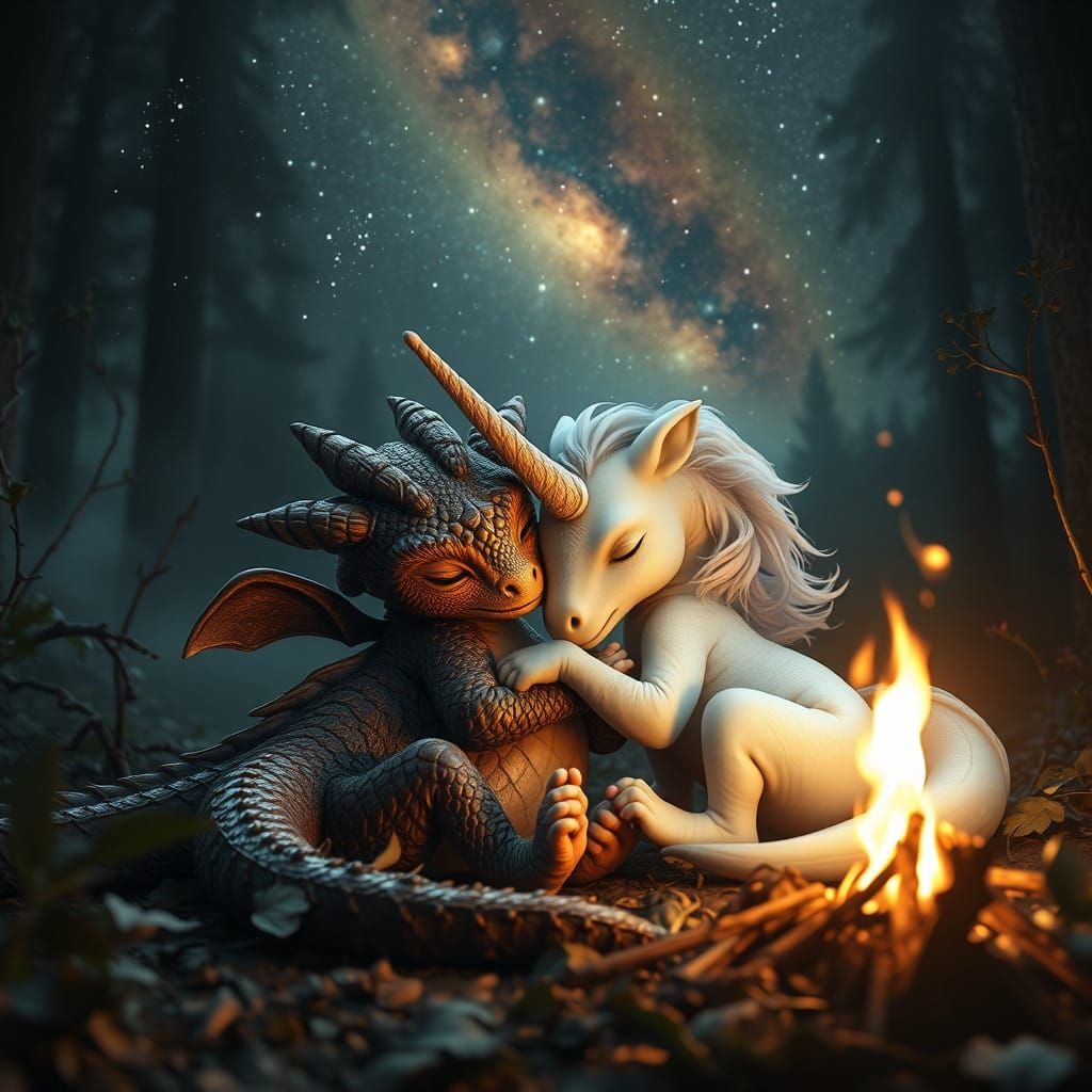 Tender Dragon and Unicorn Slumber in Ancient Forest