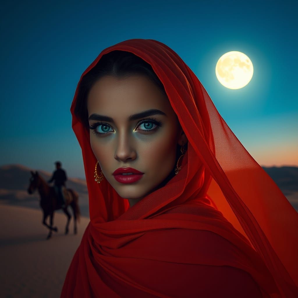 Moonlit Desert Woman with Turquoise Eyes Portrait
