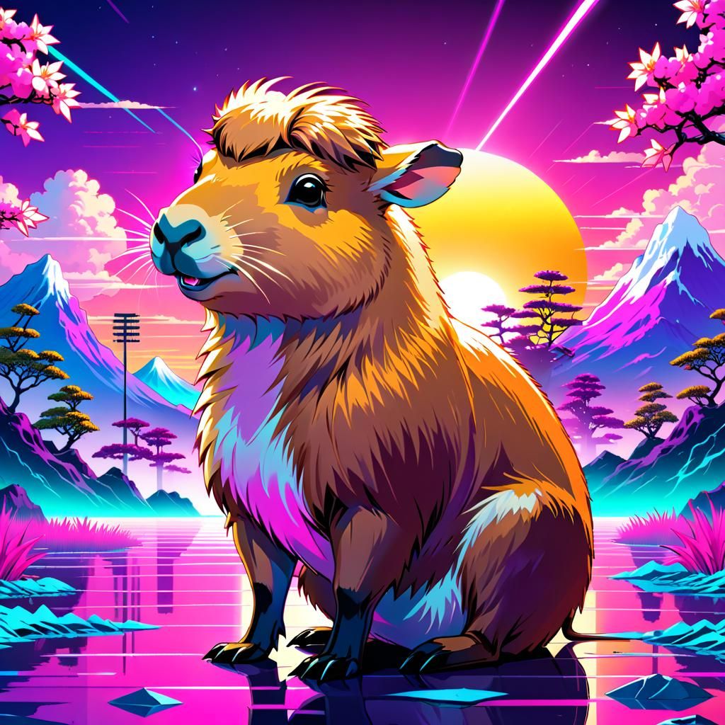 Funky Capybara in Vaporwave Dreamscape