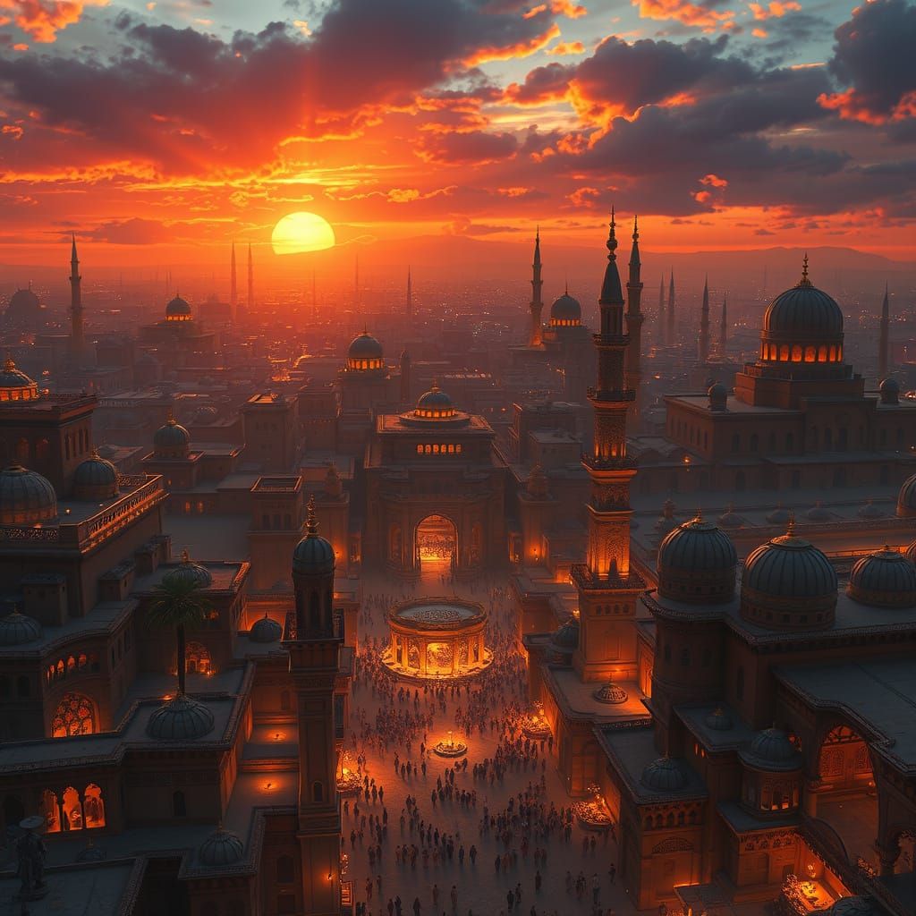 Surreal Arabian Cityscape at Sunset in Fantastical Style