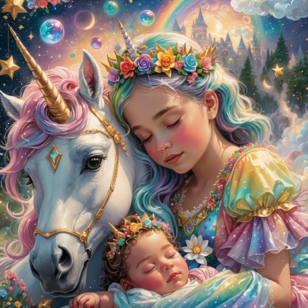 Baby Princess with Magical Unicorn in Dreamy Fairytale Style