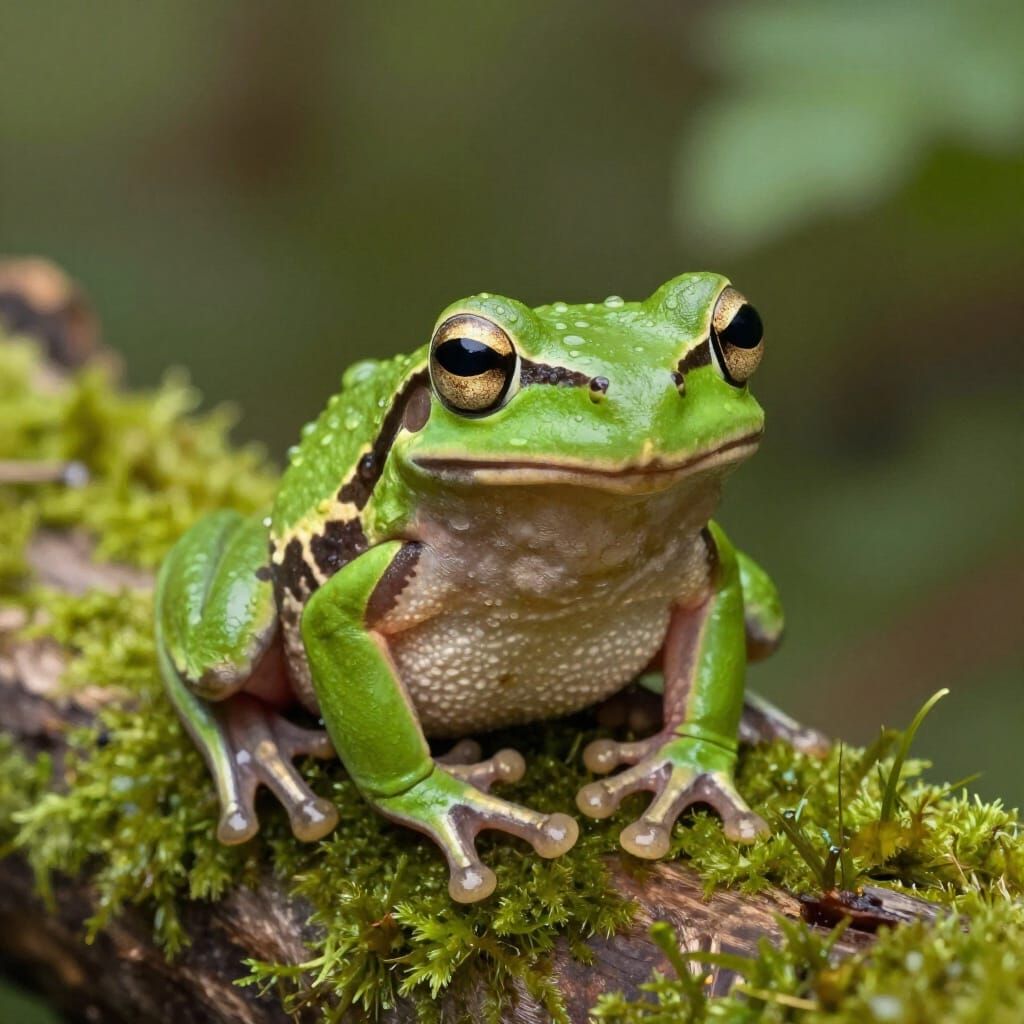 Curious Green Frog on Mossy Log