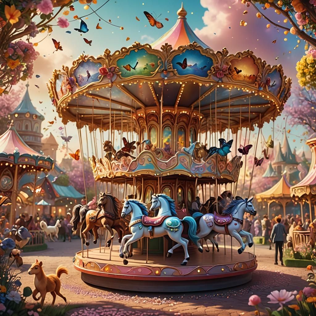 Magical Carousel in Whimsical Playground, Fantasy Art