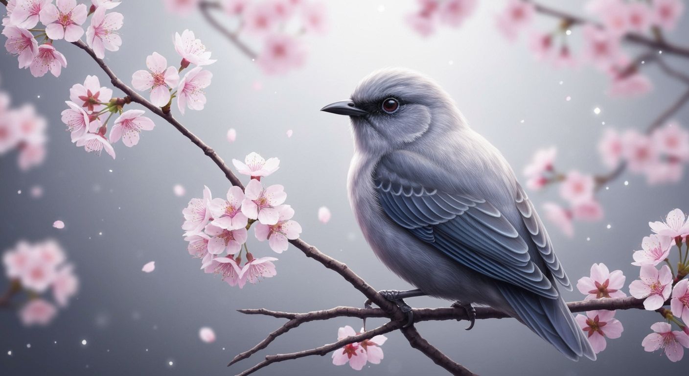 Diamond Crystal Bird on Cherry Blossoms: Fantasy Art