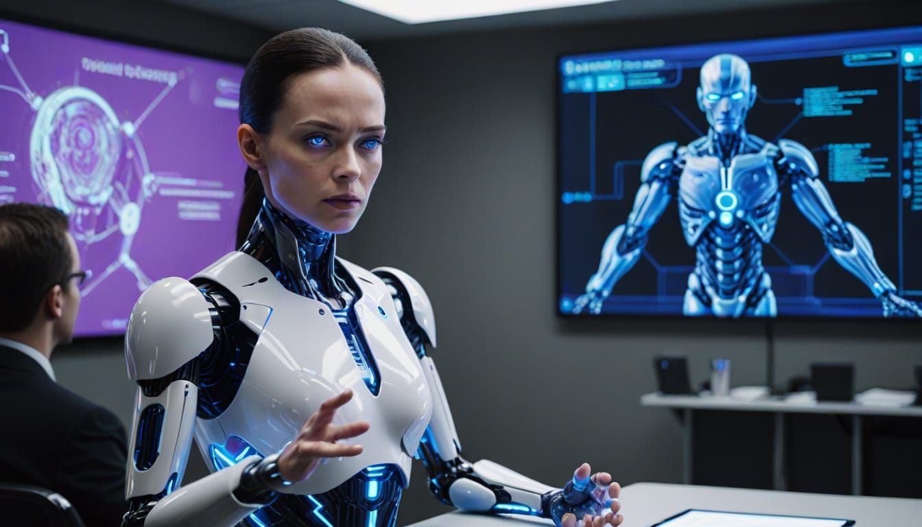 Android Lecturer with Neon Eyes in Control Centre