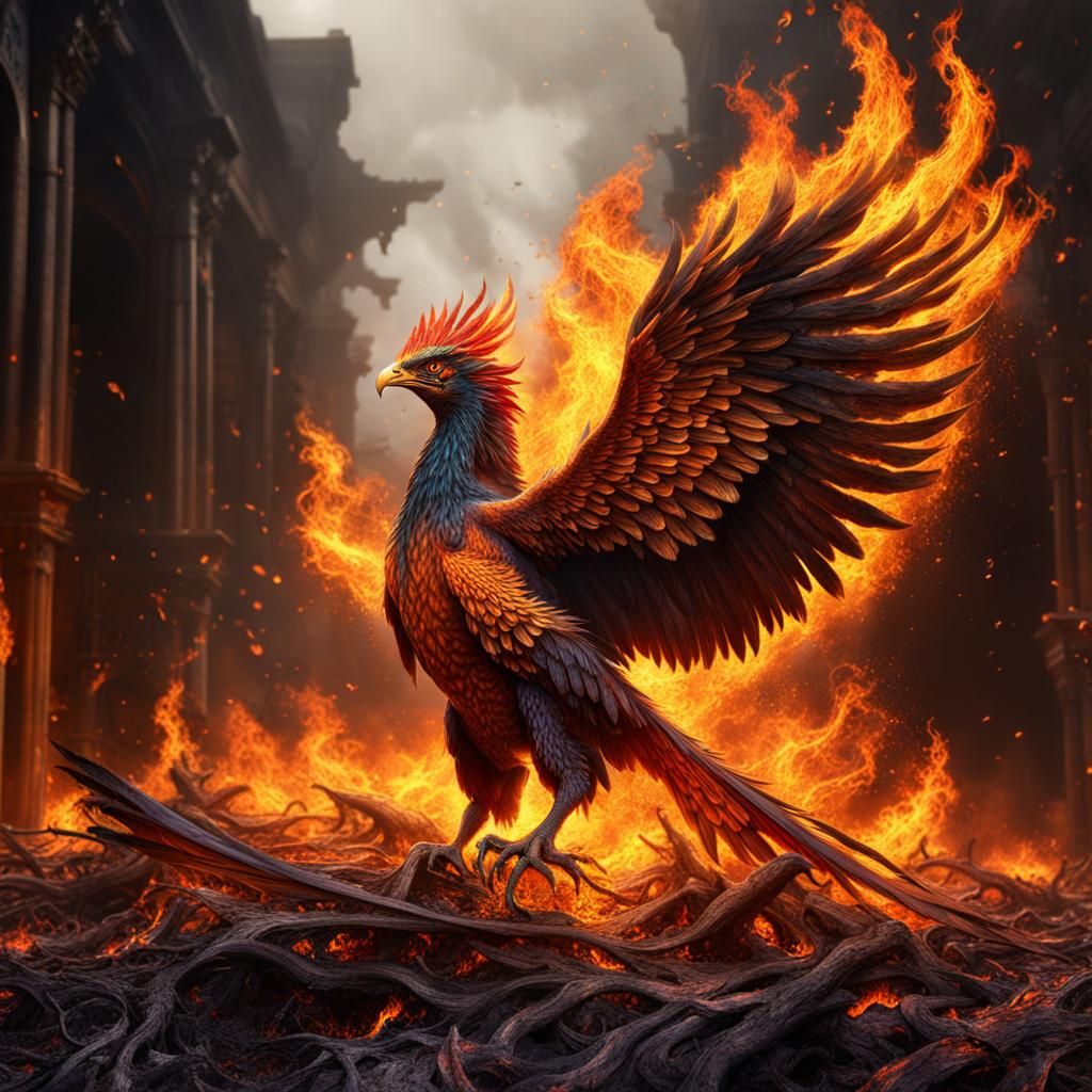 Hyperrealistic Phoenix Rising from Ashes