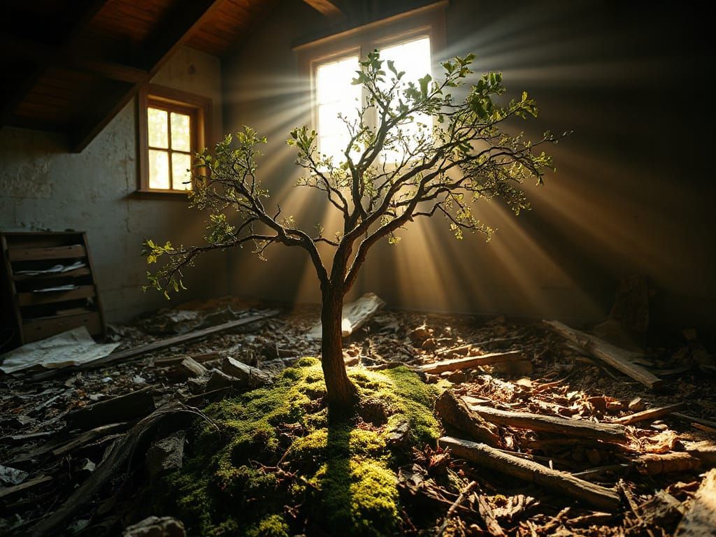 Oak Sapling in Abandoned Attic, Watercolor Style