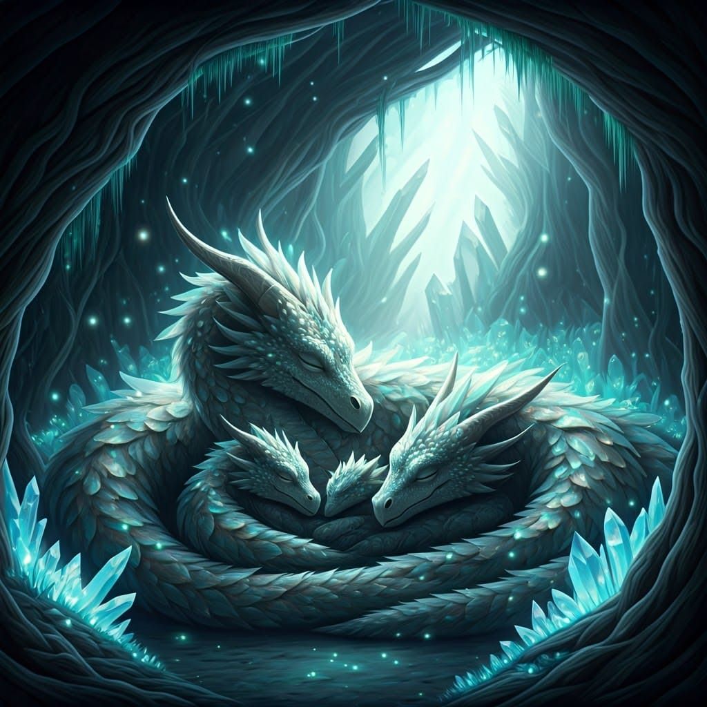 Sleeping Dragon Family in Bioluminescent Fantasy Landscape