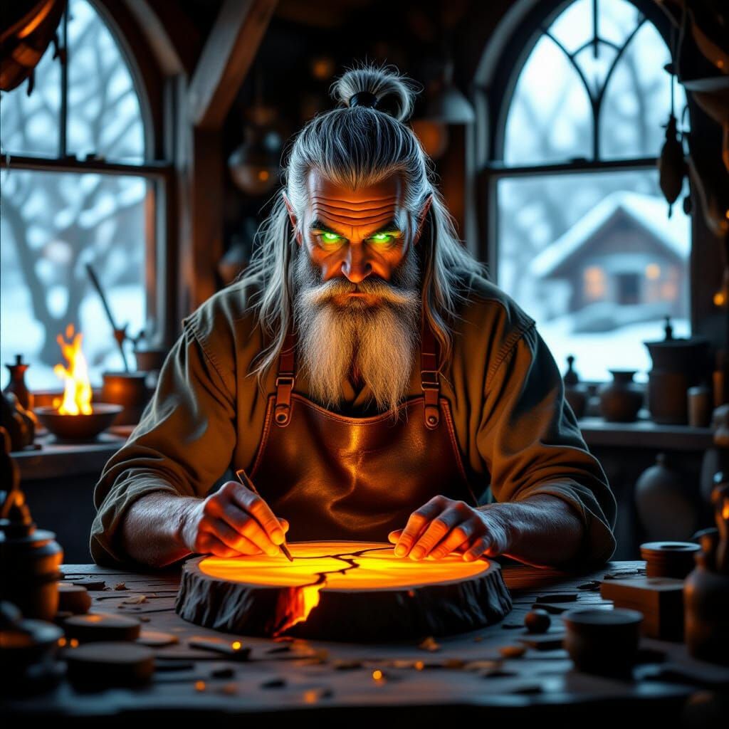 Stari stolar u radnom kožnom odelu sedom dugom kosom vezanom...