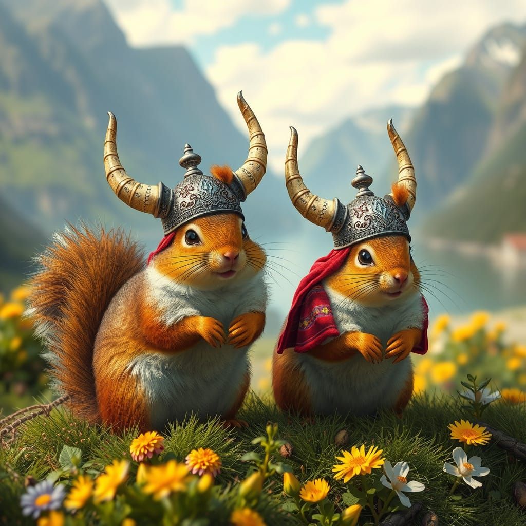 Squirrels Celebrate Syttende Mai in Fjord Landscape