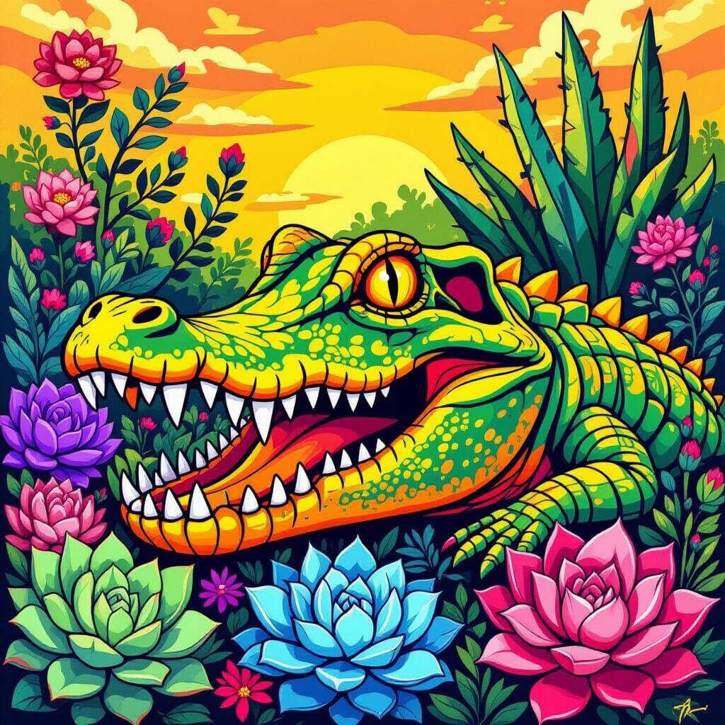 Cartoon Alligator Skull Garden in Lowbrow Art Style