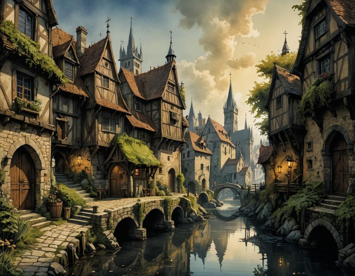 Medieval Town River Scene in Watercolor and Ink