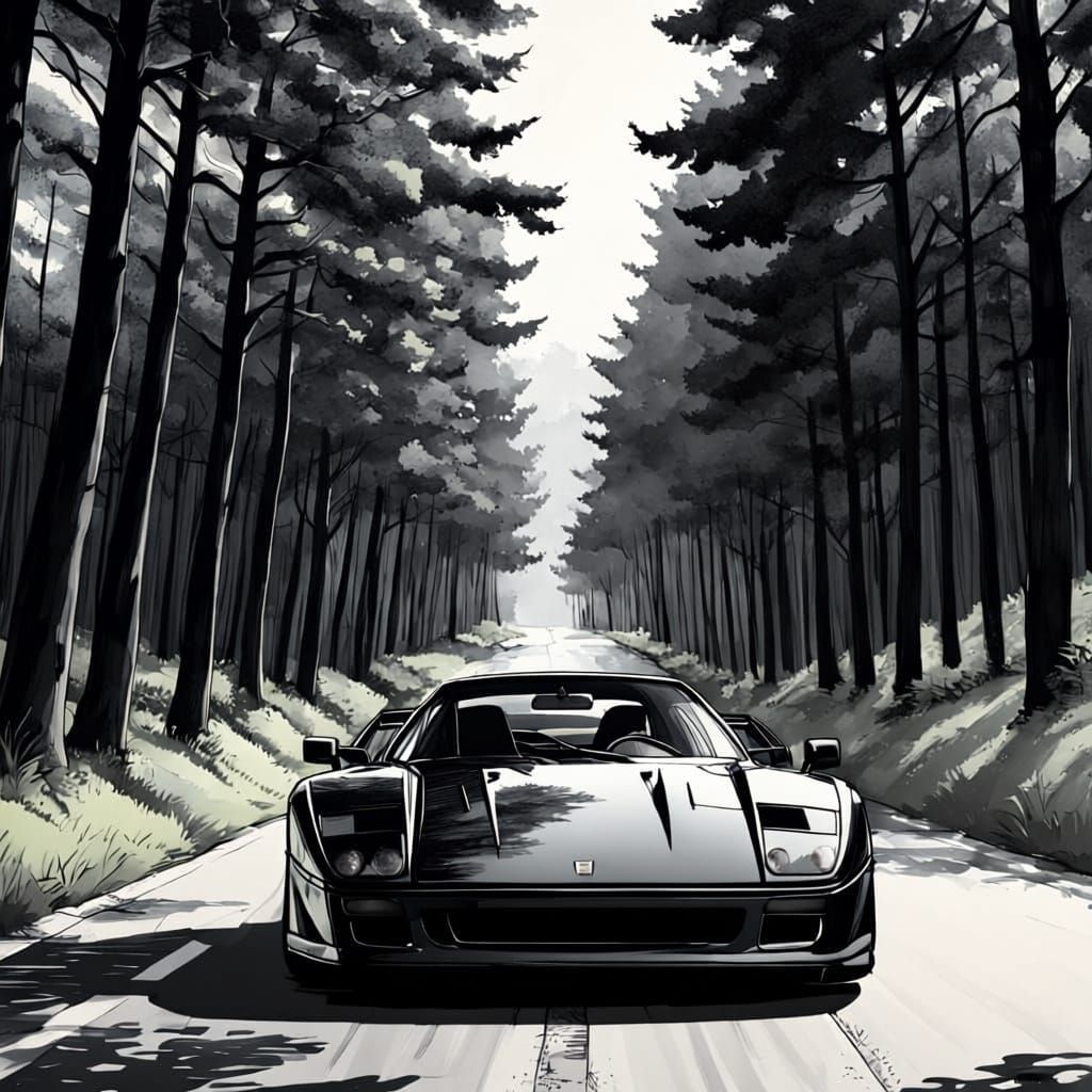 Detailed Ferrari F40 Line Drawing in Manga Style