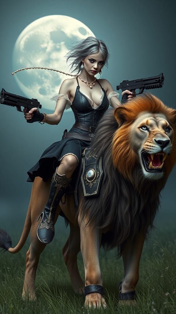 Gothic Vampire Goddess Rides Majestic Lion Under Full Moon