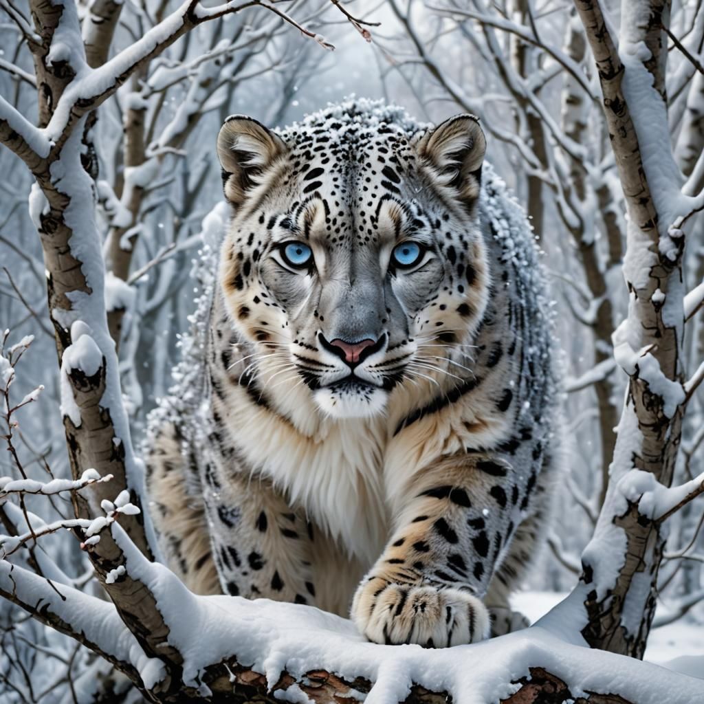 Snow Leopard in Enchanted Winter Forest