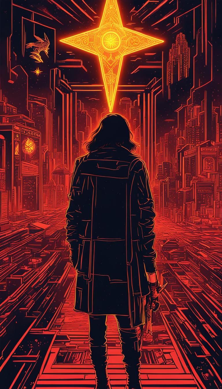 Woman and Shining Star in Cyberpunk Tarot Style