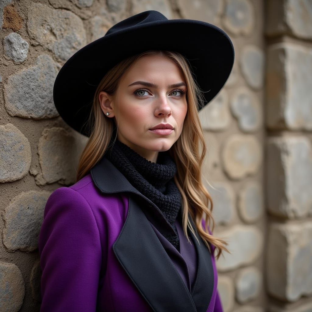 Portrait of a woman in violet and black outfit