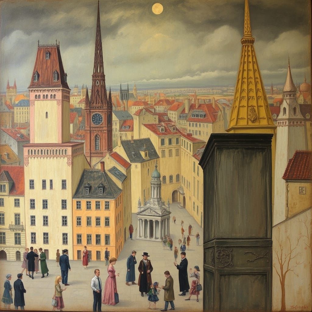 Allegorical Cityscape in Oil Painting Style