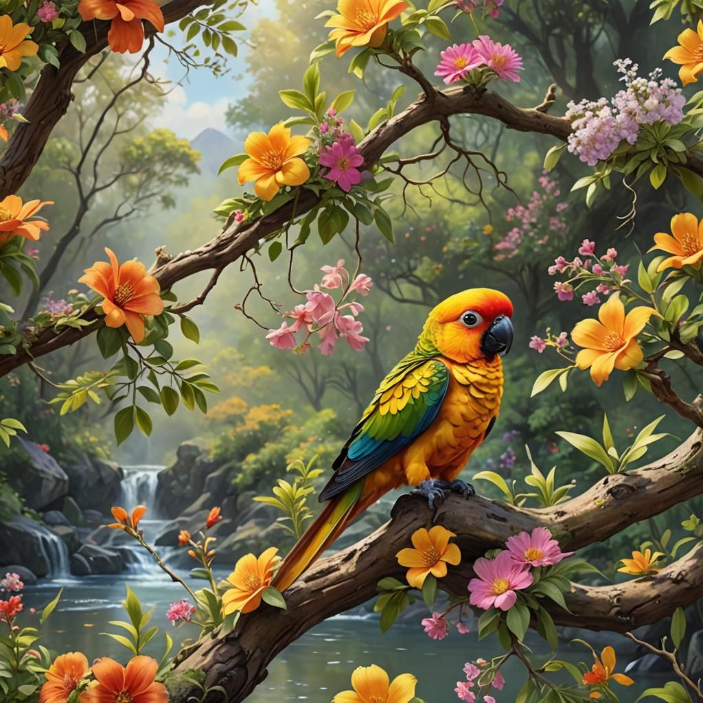 Sun Conure in Fantasy Landscape: Hyper-Realistic Oil Paintin...