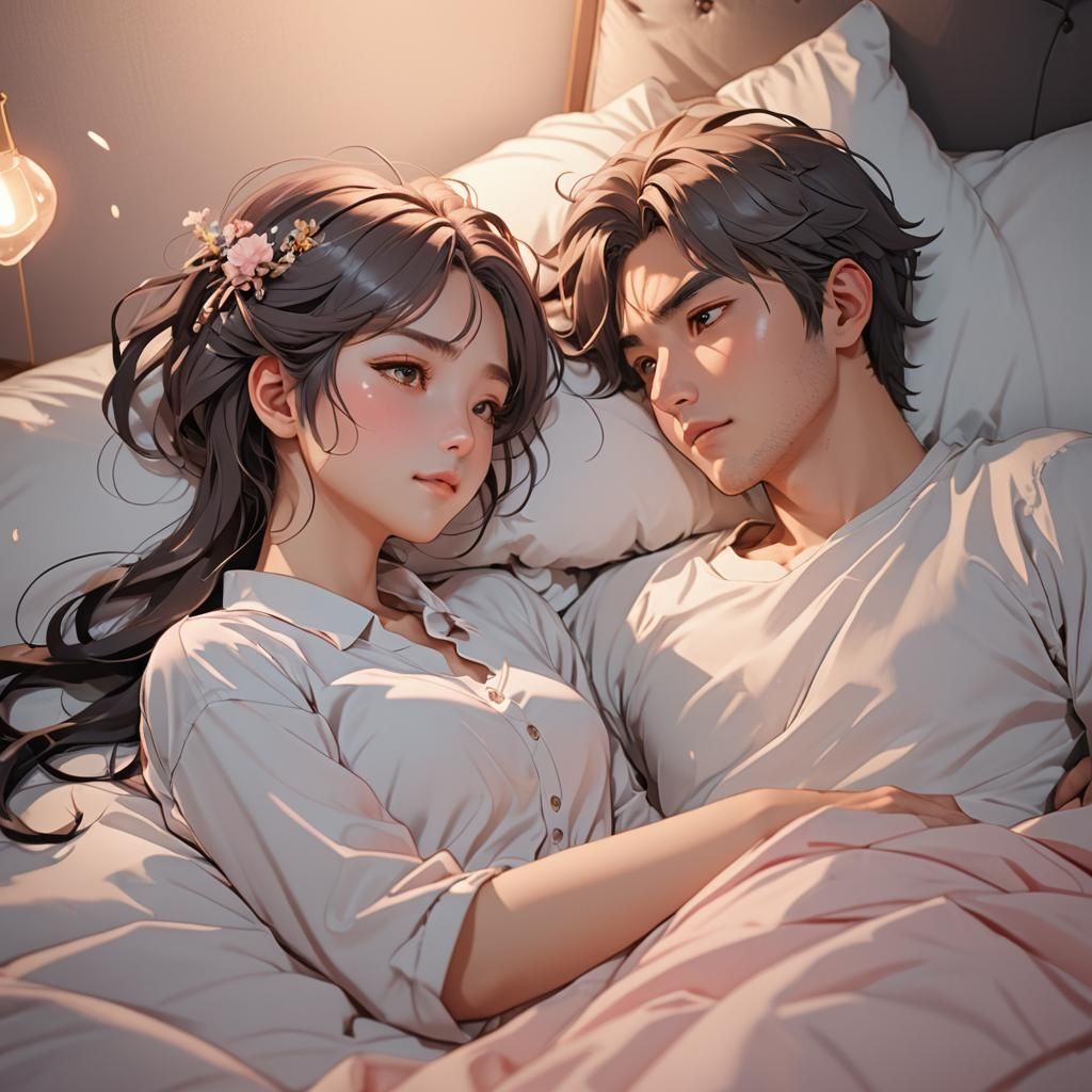 Intimate Couple in Bed: Cinematic 3D Anime Art