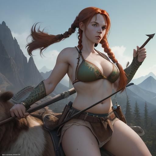 Redhead Woman Rides Bear in Hyperdetailed Style